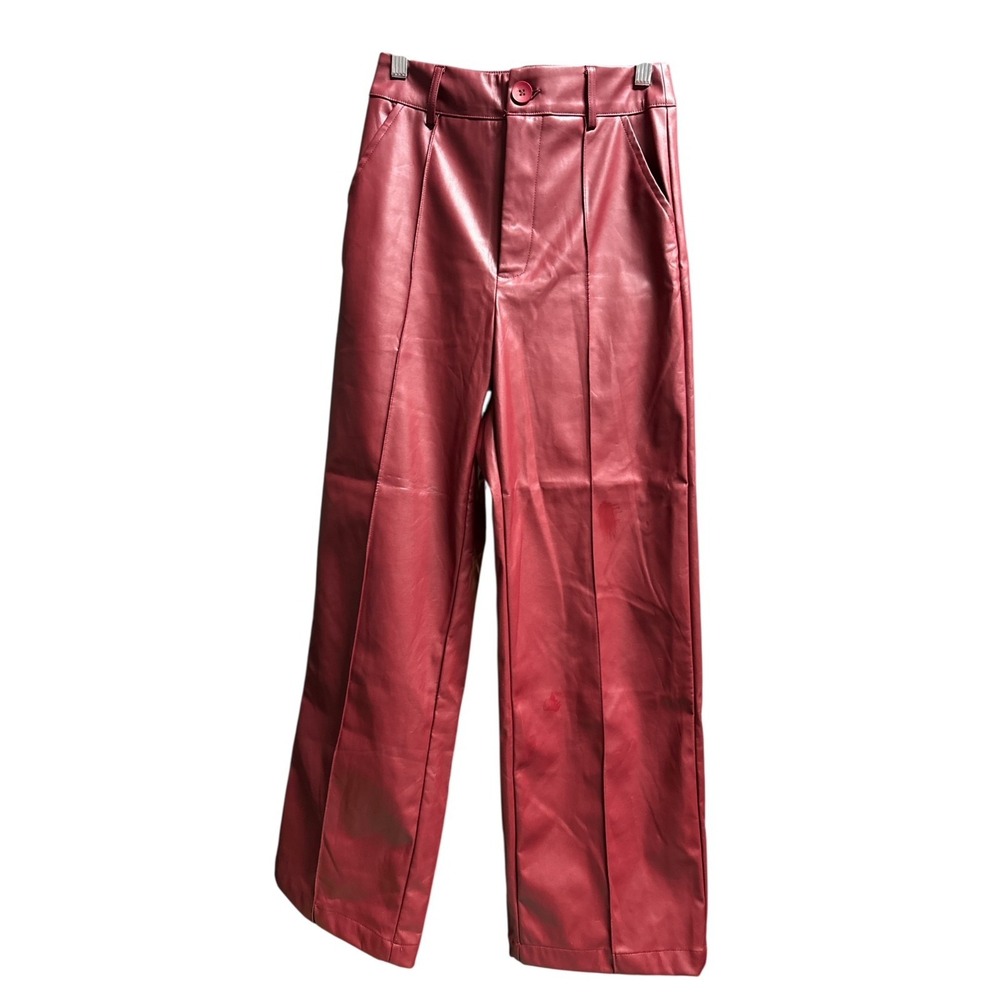 CIDER Women High Waist Wide Red Leg Faux Leather Straight Trousers Pants Size XS
